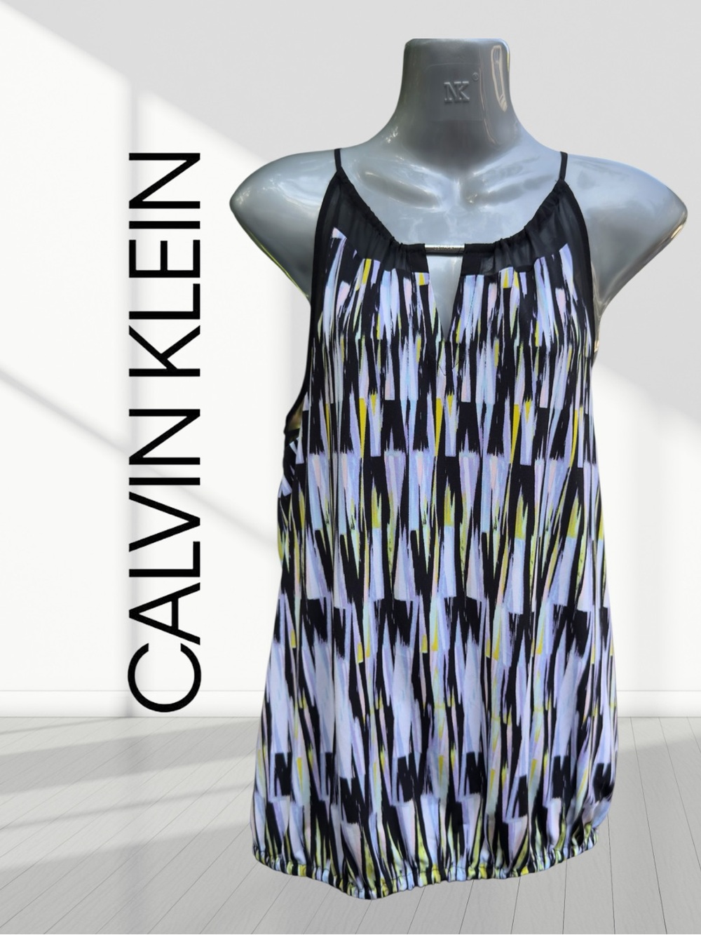 Calvin Klein Black White and Yellow Geometric Sleeveless Top